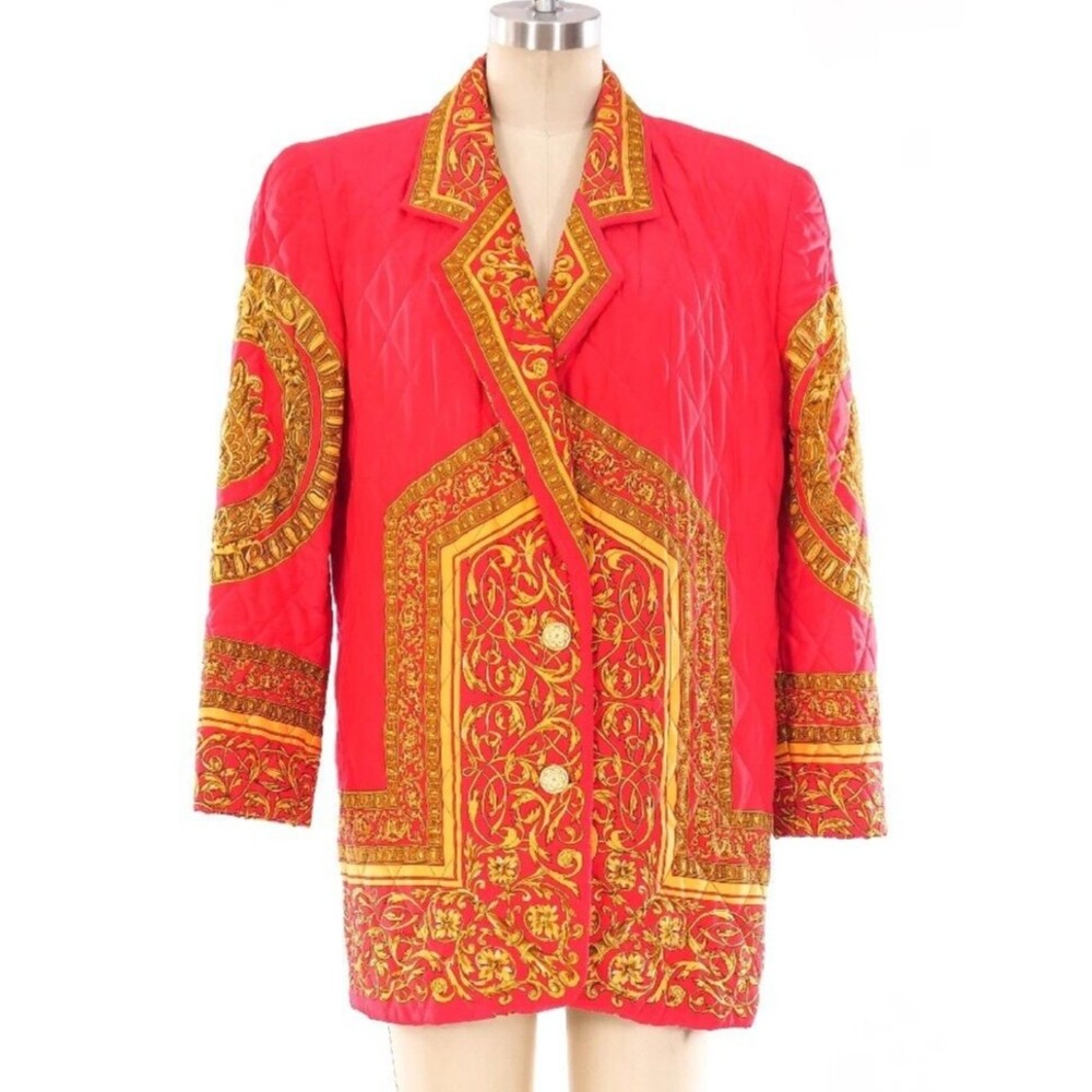 ADAM DOUGLASS Vintage Size 6 1990's Red Quilted Gold Baroque Silk Blazer Jacket